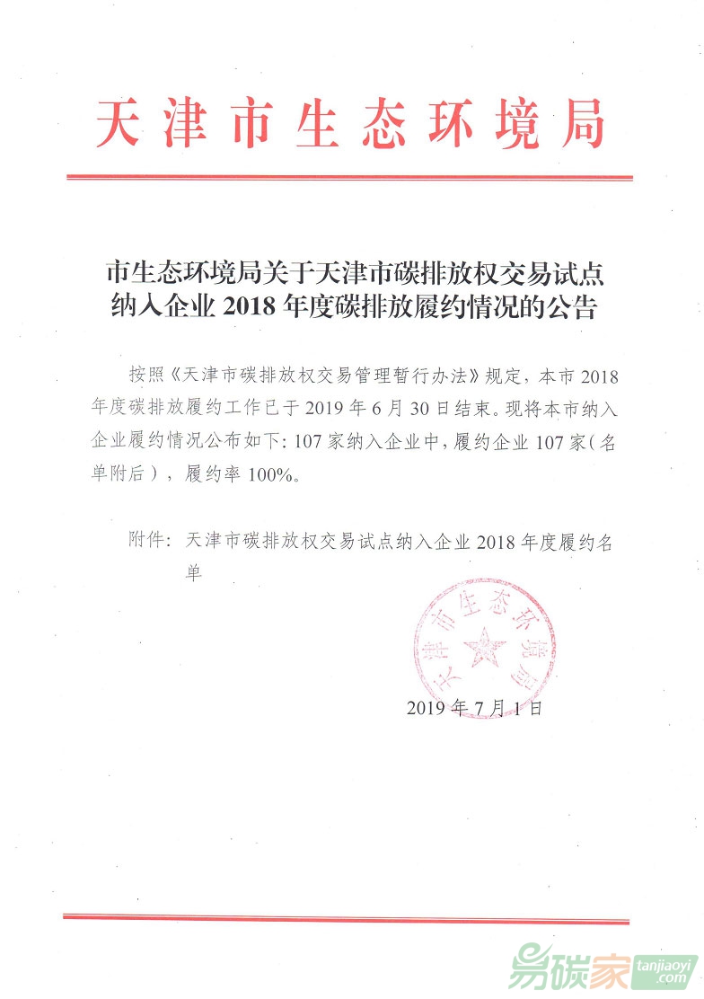 關于天津市碳排放權交易試點納入企業(yè)2018年度碳排放履約情況的公告